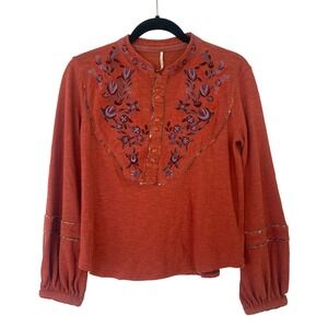 Free People Sundance Kid Rust Orange Embroidered Floral Boho Long Sleeve Top XS